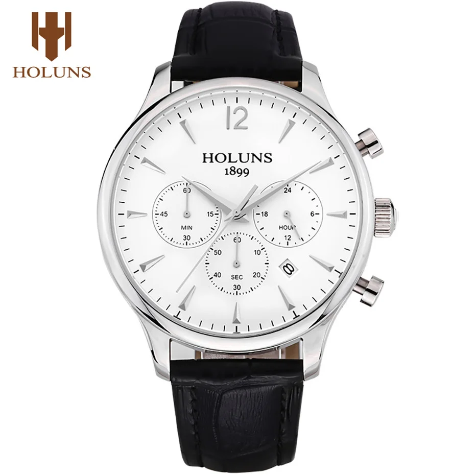 

HOLUNS Chronograph Quartz Men's Wristwatch Date Display Genuine Leather Strap Business Watches 5ATM Waterproof Male Clock Gift