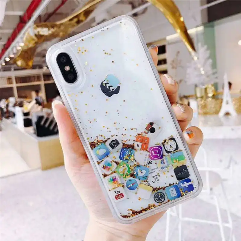 

Golden Dynamic Liquid Phone Case Crystal Transparent Rhinestone TPU PC Plastic Protector Cellphone Back Cover For iPhone X/XS...