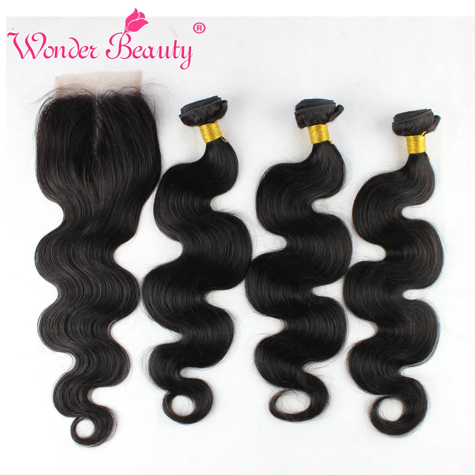 Brazilian Body Wave Hair With Closure 3 Bundles Wonder Beauty Virgin Human Hair With Free Part Middle Part 3 part Lace Closures