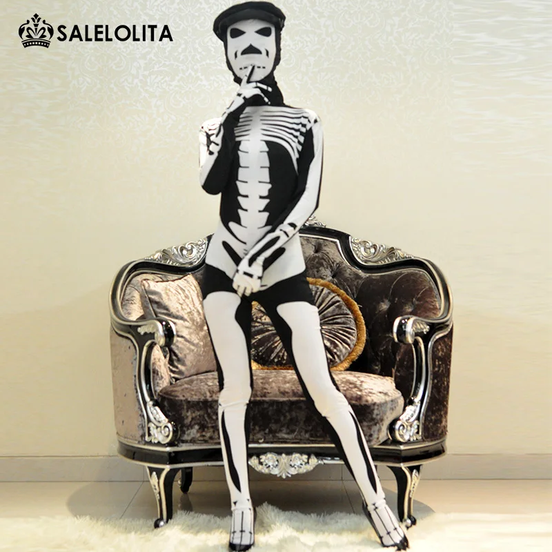 

2016 Novel Black/White Skull and crossbones Full Body Zentai Suit Lycra spandex halloween bodysuit Drop shipping