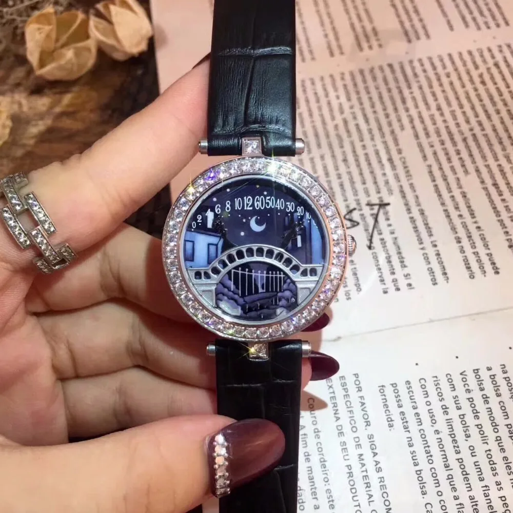 

Brand Genuine Leather Watch Lover;s Bridge lady cow leather Starry Sky Day and Night Women lover Watch Blue Dial Watches
