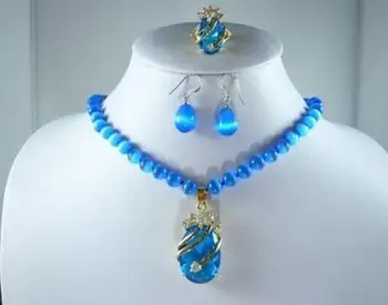 

European style lady'sfine Lovely Wonderful word pearl/blue stone/opal necklace +blue zircon pendant earring ring