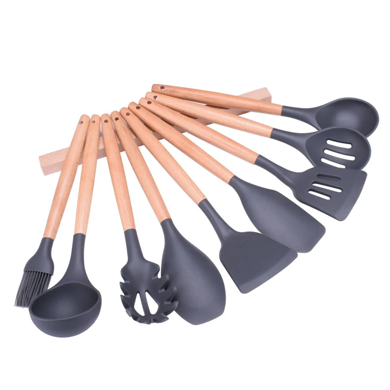 UPORS 9Pcs Silicone Cooking Tool Set with Wooden Handle Kitchen Accessories Soup Ladle Spoon Slotted Shovel Kitchen Utensils Set