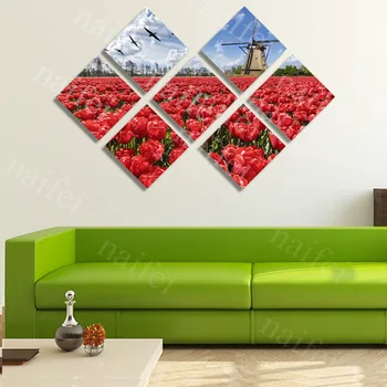 

7pcs,Full square Diamond Painting Cross Stitch Holland Windmill,Red Tulip,5D Diamond Embroidery Mosaic Multi-picture stickers