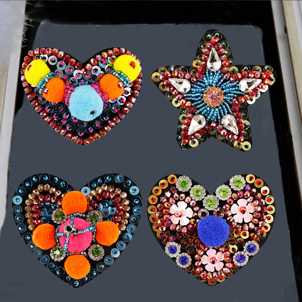 2pc 3D Handmade Rhinestone Beaded Patches Heart Star Sew on Sequin