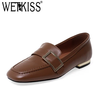 

WETKISS New Genuine Leather Women Flats Shoes Retro Square Head Loafers Metal Buckle Shoes Fashion Casual Female Loafers