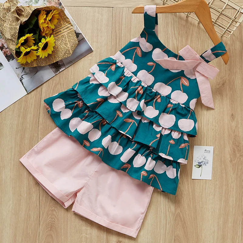 

Children Clothing Sets 2019 Summer Girls Rompers Kids Cherry Pattern Sling top And Solid Color Pants Suits Outfits Clothes Sets