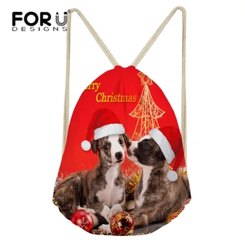 

FORUDESIGNS Backpack Drawstring Bag Animal Dog Printing Santa Children Travel Mochila Drawstring Gift Bag Xmas Bagpack 2018 New