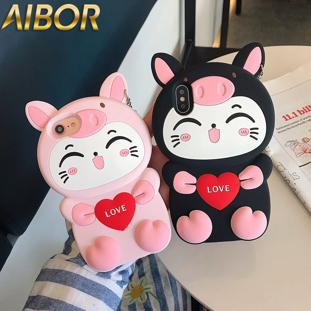 

Luxury 3D Cute Cartoon LOVE Lucky Fortune Cat Ear Kitty Silicone Case For iPhone X XS MAX XR 6 6S 7 8 Plus 3D Rubber Back Cover