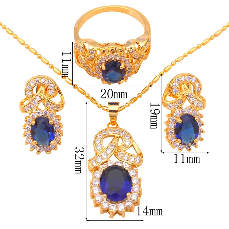 Delicate Gold Tone Earring Necklace Ring Jewelry Set Zircon Austrian Blue Crystal Sz #8 #7 #9 JS431|jewelry sets|jewelry sets zirconset zircon |