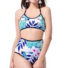 

2018 Bikini Women Small Fresh Print High Waist Bikini Blue Flower Split Swimsuit Tankini Bathing Suit Women Swimsuit Women