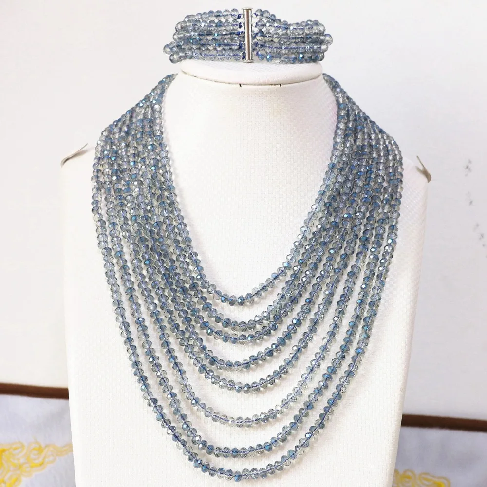 New fashion blue crystal glass 4*6mm abacus beads fashion diy jewelry set 8 rows chain necklace 5 rows bracelet 17-26inch B855