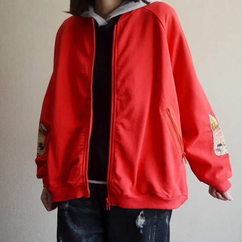 

New--2019 female new spring korean version high quality plus size thicking outerwear double-layer rabbit embroidery loose jacket