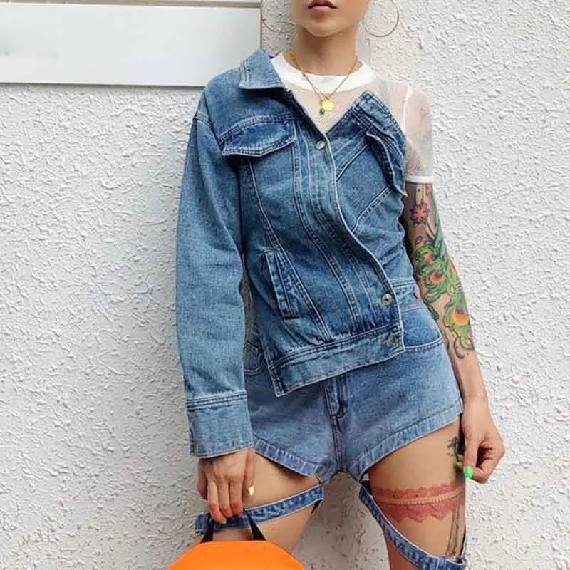 

[YaLee] New Fashion 2019 Summer Personality Long Sleeve Irregular Expose Shoulder Button Asymmetrical Denim Coat Women A054