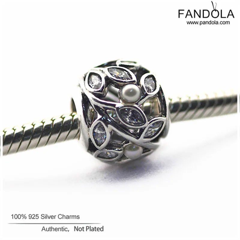 

100% Real 925 Sterling Silver Luminous Leaves Pearl Charms Beads Fits Pandora Bracelets DIY Fine Charm Silver 925 Jewelry