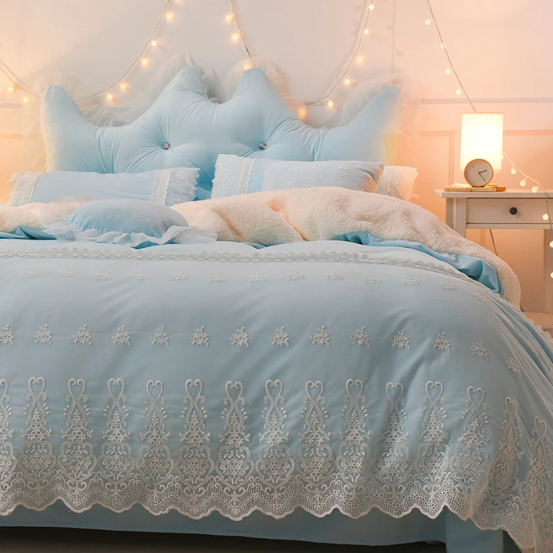 

Blue Pink Purple Soft Berber Fleece Princess Girl White Lace Bedding Set Fleece Fabric Duvet Cover Bed sheet/Linen Pillowcases