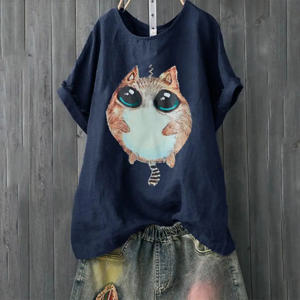 

Women Summer Casual Plus Size Printed Loose Linen Button Tunic Shirt Tops 2019