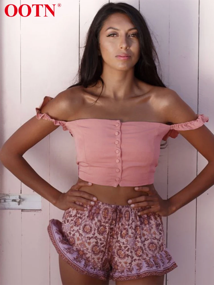 

OOTN Pink Cropped Tank Tops Women Off Shoulder Crop Top 2018 Summer Female Caims Slash Neck Ruffle Shirt Elastic Camisole Vest