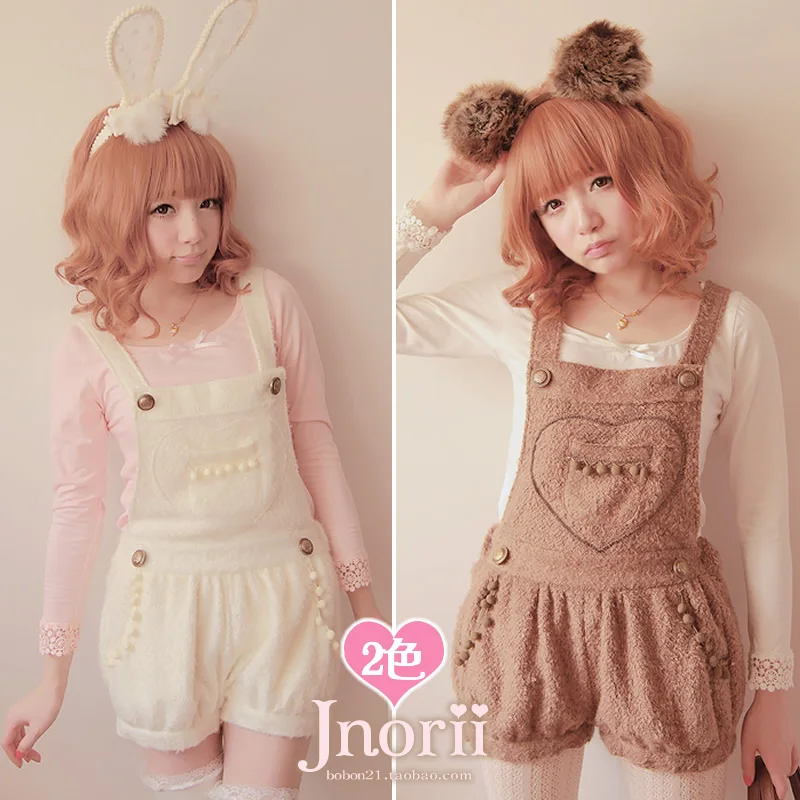 

Princess sweet lolita pants Love bobon21 hair ball soft plush warm thick ivry white coffee brown overall pants bib pants b0925