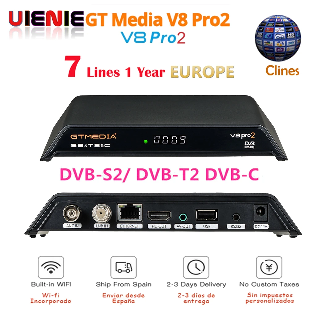 

GTMedia V8 Pro 2 decoder DVB S2+T2+Cable Satellite TV Receiver Support PowerVu Biss Key Clines 1080p +1 year Europe clines