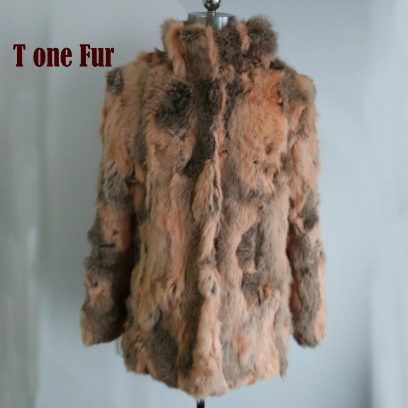

New Arrival Women 100% Real True Rabbit Fur Coat Long sleeve Mandarin Collar Coat with belt free shipping TFP622