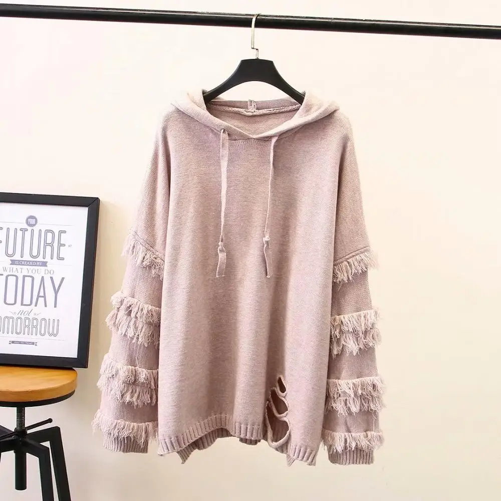 Hole Tassel Sweater Women New Autumn Spring Casual Hooded Loose Long Sleeve Knitted Pullover Solid Sweaters KKFY2773