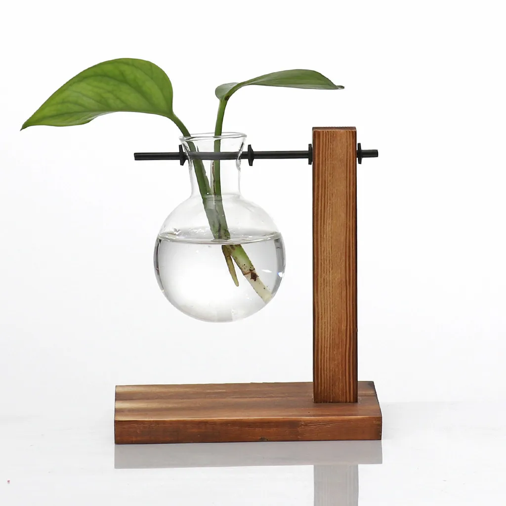 Glass and Wood Vase Planter Terrarium Table Desktop Hydroponics Plant Bonsai Flower Pot Hanging Pots with Wooden Tray Home Decor#30