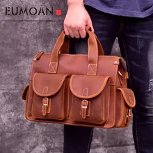 EUMOAN Handmade mad horse leather men's bag, leather briefcase, vintage laptop bag, British wind one-shoulder parcel