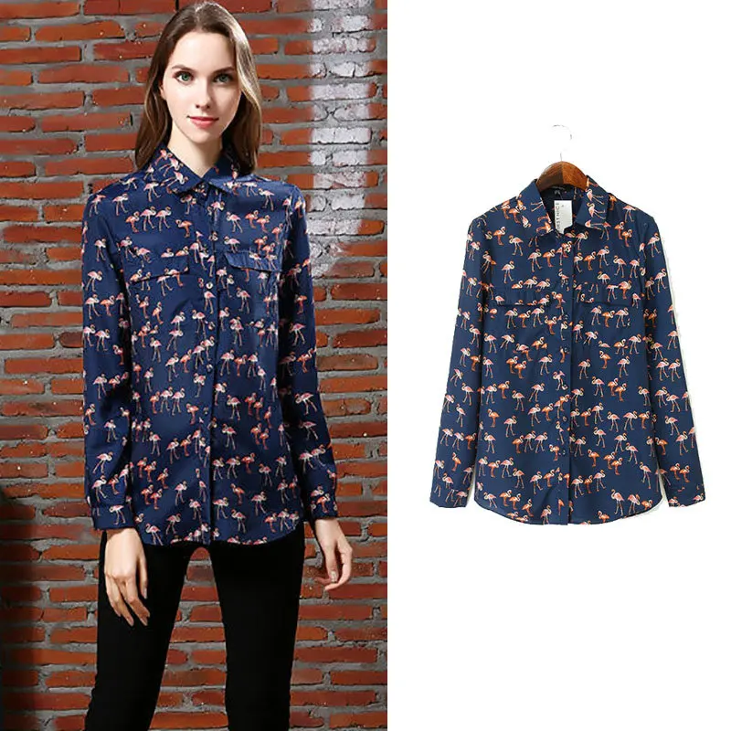 New Womens Animal Flamingo Print Lapel Long Sleeve Blouse Tops Shirt