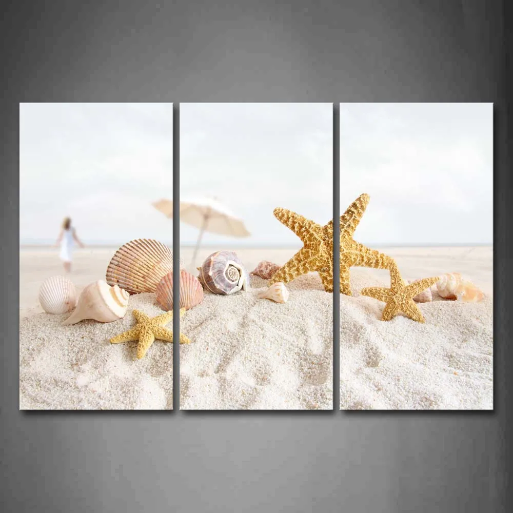 

Framed Wall Art Pictures Starfish Umbrella Shell Beach Canvas Print Art Modern Posters With Wooden Frame For Living Room
