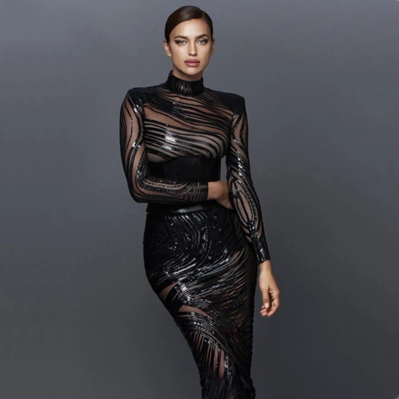 2017 Newest Fashion Sequin Dress Autumn Winter Elegant Bodycon Slim High Neck Long Sleeve Dress Party Dresses Nightclub Vestisos