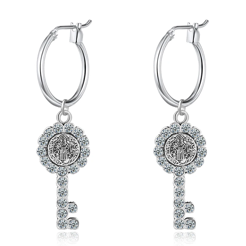 1 Pair European New Fashion Simple Charm Key Hoop Earrings With Pendant Silver Color Crystal Engraving Totem Earring E493-T2 | Украшения и