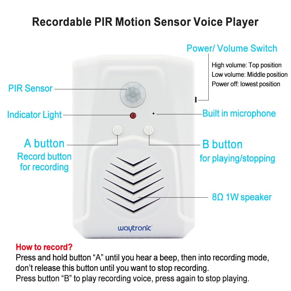 PIR датчик движения Активированный звукозаписывающий плеер со встроенным микрофоном аудио записываемый, ежедневное голосовое напоминание, дверной греватель