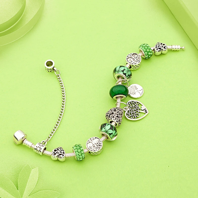 Charm Bracelets Antique Tibetan Silver Tree of Life Green Crystal Flower Bead with Heart Diy Jewelry Pulsera Mujer