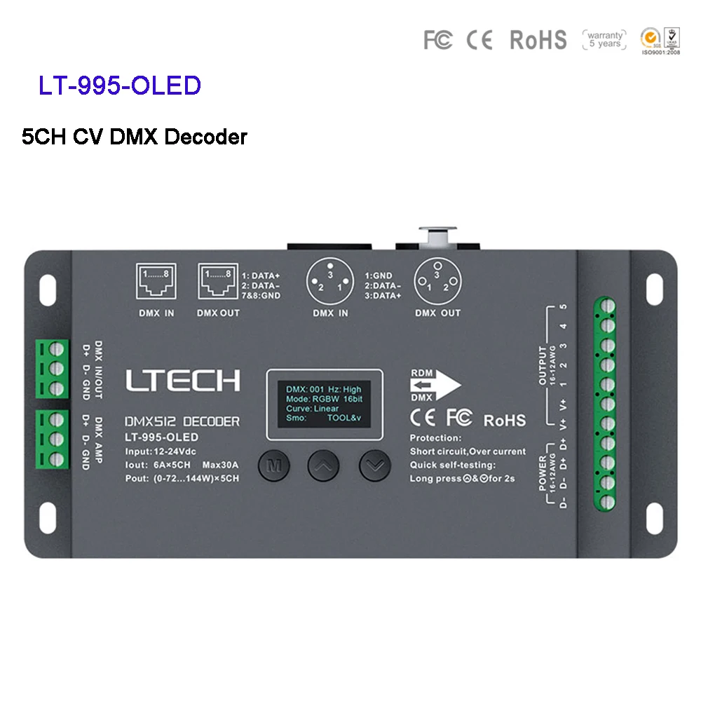 LTECH LT-995-O светодиодный DC12V-24V 6A * 5CH Max 30A 720 Вт выходной RGB/RGBW CV светодиодный контроллер dmx декодера XLR-3/RJ45 разъем O светодиодный экран