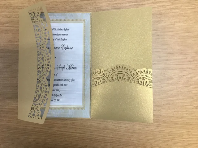 champagne gold thress folds wedding invitation card with lace pocket