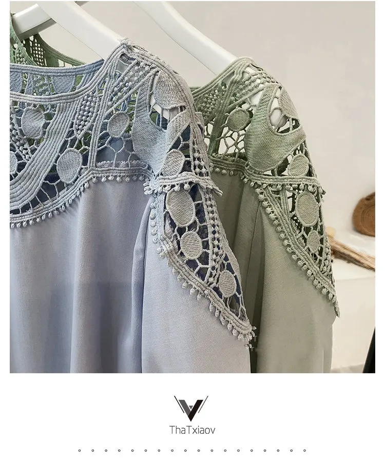 New Summer Tops Large Size Chiffon Blouses Women Korean-style Hollow Lace Patchwork Shirts Femme Casual Short Sleeve Blusas Mujer De Moda 2019 (14)