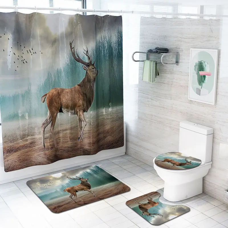 

4pcs/set shower curtain set animals style bathroom accessories bath mat carpet toilet cover mug bath curtains with hooks YLS09