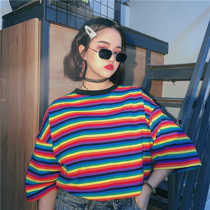 

Summer Ulzzang T-Shirt Women Sweet Rainbow Striped Loose Harajuku O-Neck Short Sleeve Top Tees