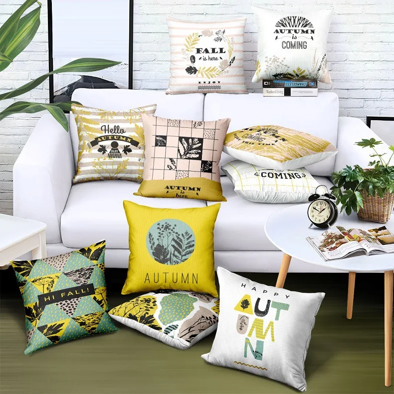 

20 Style Custom Wholesale Satin Pillow Case 45*45 Linen Yellow Stripped Geometric Print Logo Brand Advertising Gift Pillow Cover