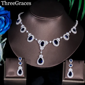 

ThreeGraces Elegant Women Big Water Drop Dark Blue CZ Stone Necklace Earrings Wedding Engagement Jewelry Set For Brides JS182