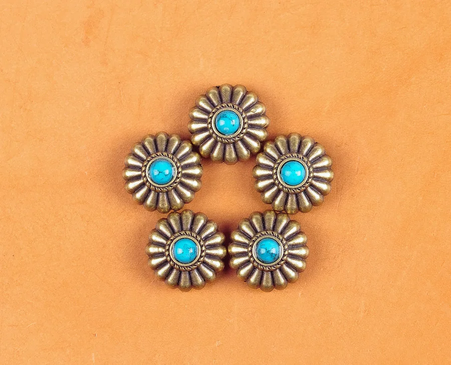 10PC 16MM FLORAL WESTERN TURQUOISE ANTIQUE BRASS SCREWBACK SADDLE DECOR CONCHOS 10PC 16MM FLORAL WESTERN TURQUOISE ANTIQUE BRASS SCREWBACK SADDLE DECOR CONCHOS