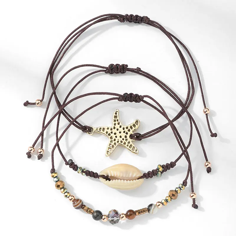 Style1 Brown Wild& Free, Новинка лета, браслеты в виде морской звезды, набор для женщин, 3 слоя, в виде ракушки, браслеты с подвесками и браслеты, для женщин, регулируемые ювелирные изделия - Окраска металла: Style1 Brown