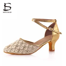 High Quality Women Latin Shoes Ballroom Tango Salsa Dance Shoes Soft Sole Mid Heeled Professional Indoor zapatos de baile Golden