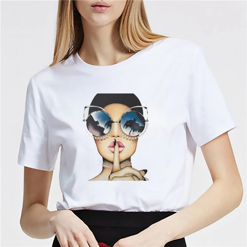 

Fashion Model Portrait Women Tshirt Vogue T Shirt Summer Short Sleeve Female T-shirts Top 2019 Keep Silence Vintage Streetwear