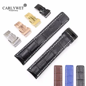 

CARLYWET 22 24mm Black Brown Blue Replacement Real Cowhide Leather Wrist Watch Band Strap With Silver Clasp Buckle For Breitling