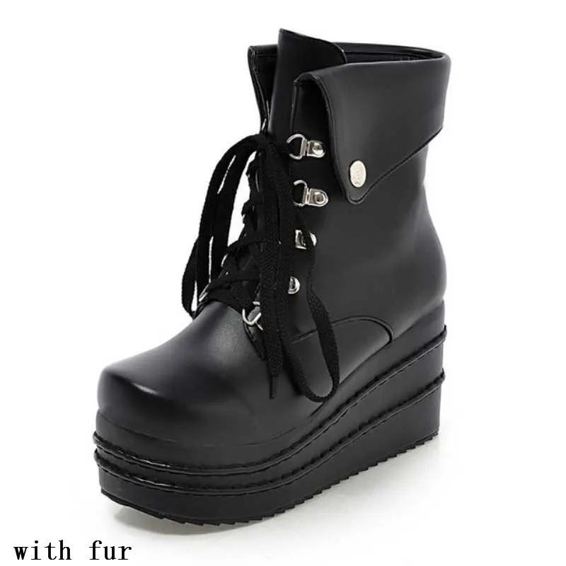 Большие размеры 34-42; Модные женские ботильоны; нескользящая обувь на высокой танкетке со шнуровкой; женские осенне-зимние ботинки на платформе с мехом - Цвет: Black with fur