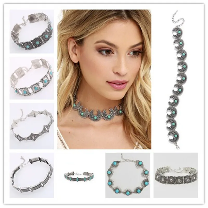 New Boho Collar turquoise Choker Fashion jewelry Vintage Ethnic Bohemia Collarbone chain silver choker necklace silver jewelry