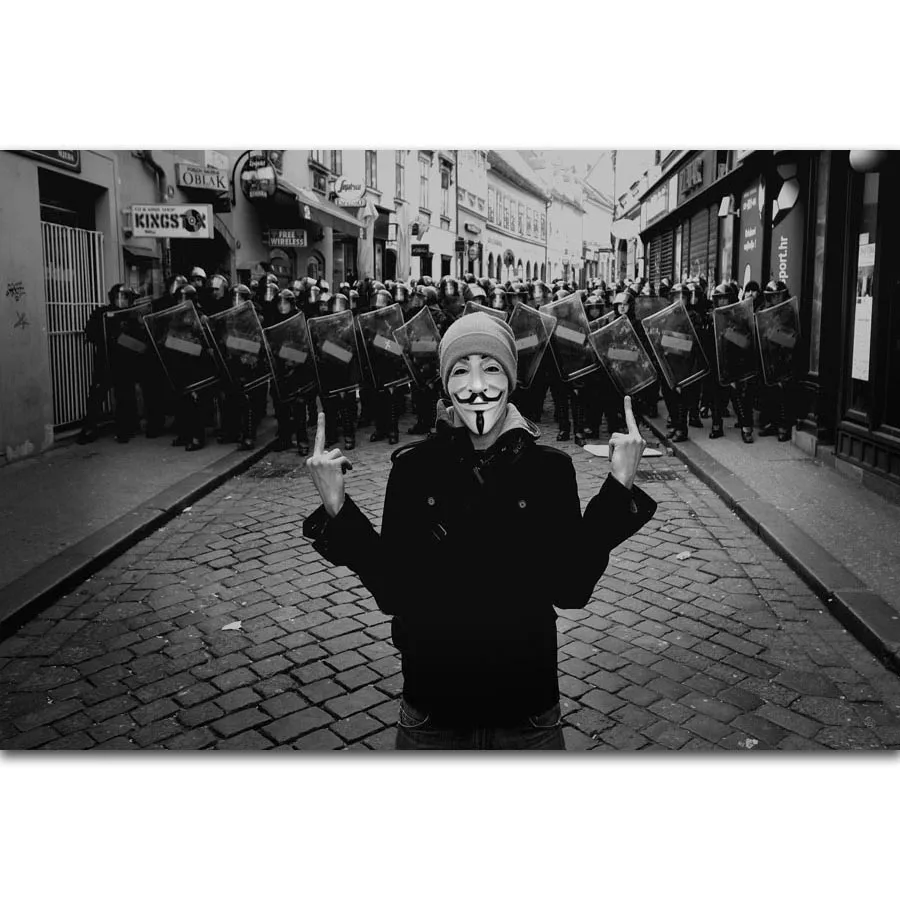 

FX679 Anonymous Vs Police Classic Funny Photo Jokeer Black White Custom Poster Art Silk Canvas Home Room Wall Print Decor