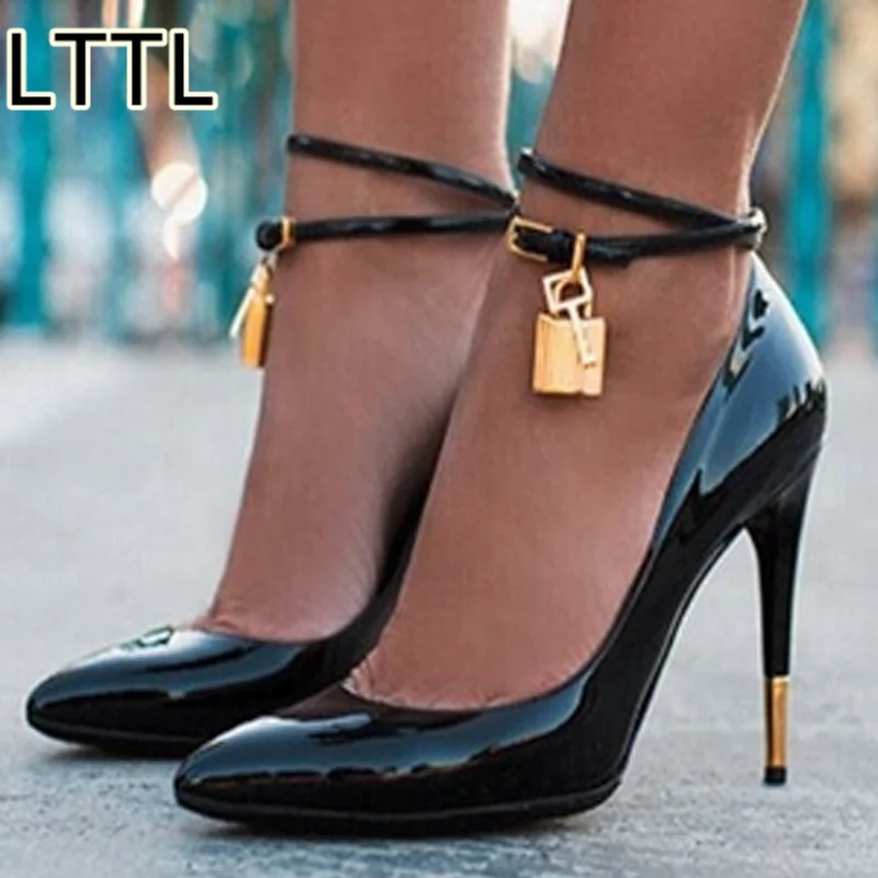 Lttl Padlock Women Patent Leather Pumps Ankle Strap Sandals Stiletto